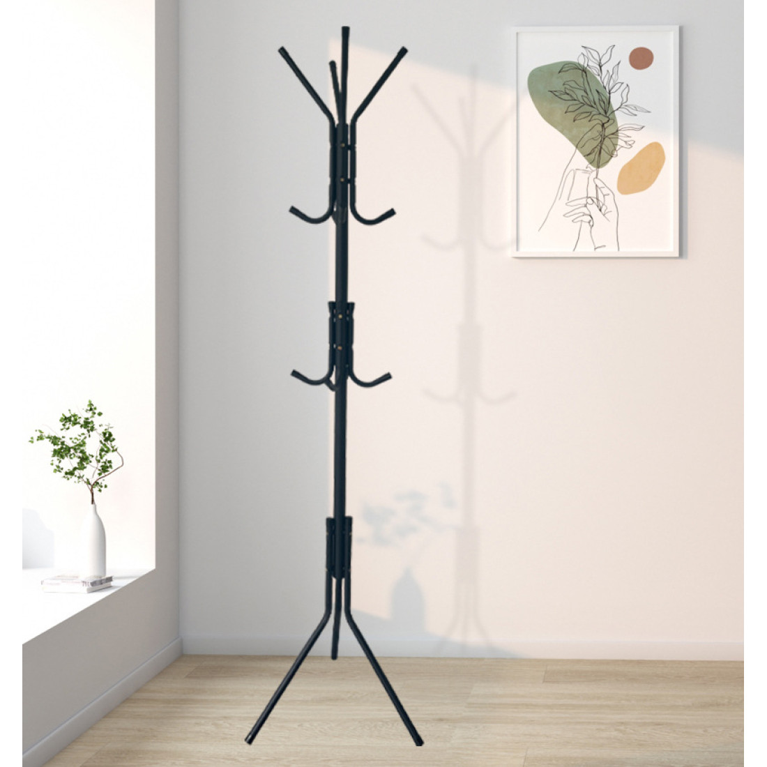 Cuier tip pom, pentru hol, 3 nivele, 12 agatatori, metal, 175 cm, negru Cuier tip pom, pentru hol, 3 nivele, 12 agatatori, metal, 175 cm, negru